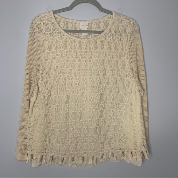 Women’s Chico’s beige tassel detail pullover sweater size 2 large L - Picture 1 of 6
